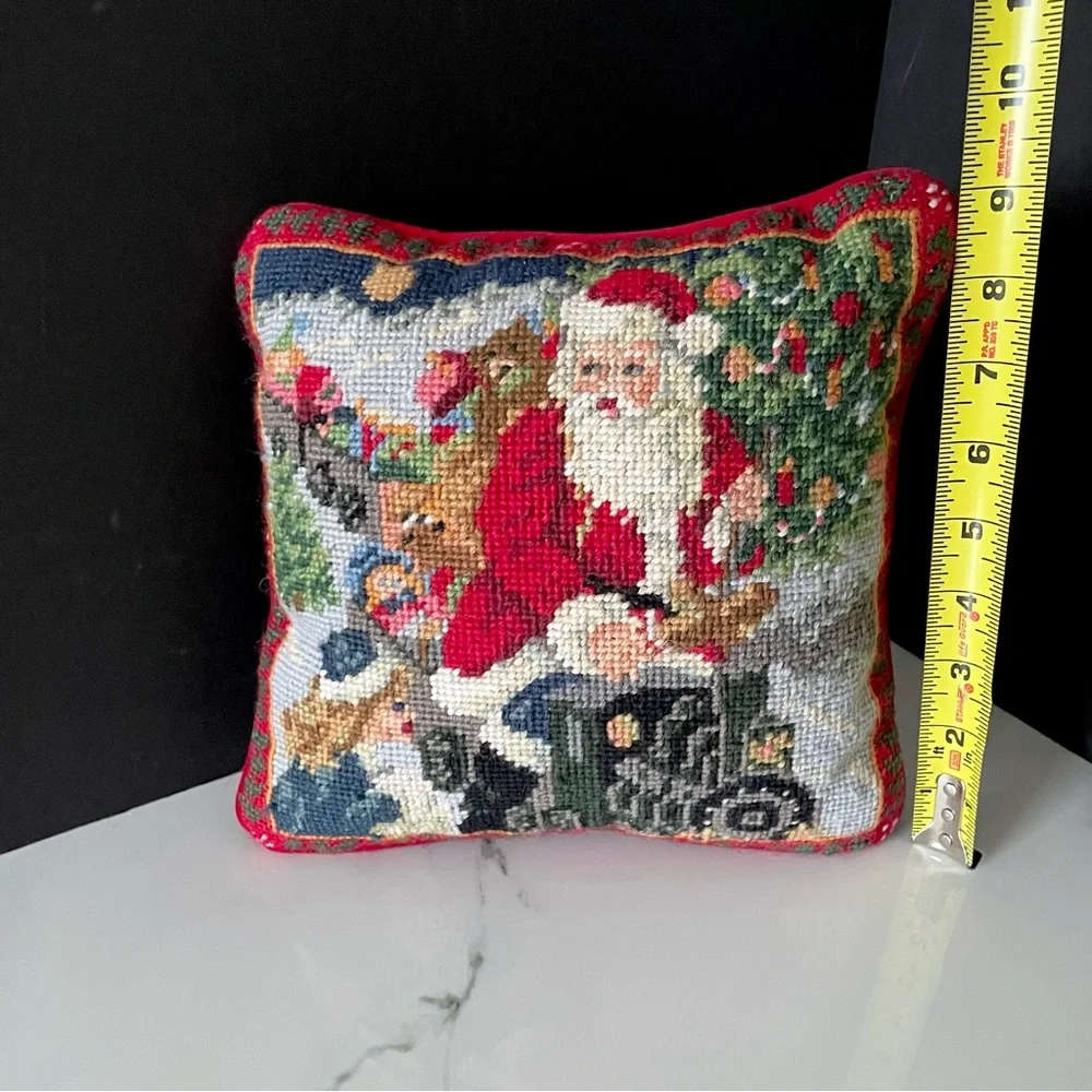 Santa on a Train Holiday Needlepoint Pillow